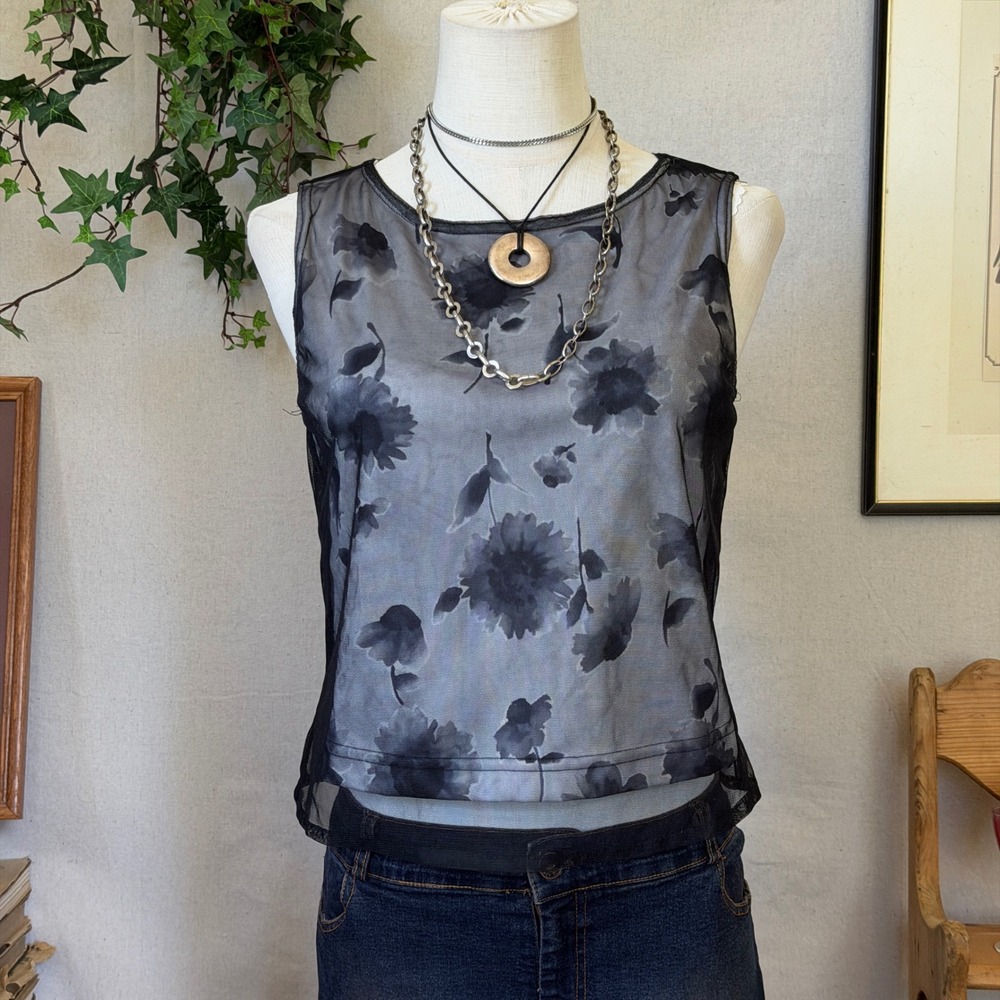 Black Floral Micro Mesh Top Whimsygoth Indie Girly Grunge S 90s Vintage Layered